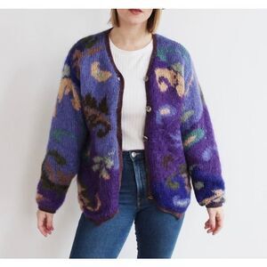Icelandic Design CHUNKY MOHAIR Wool CARDIGAN size M Sweater Purple Cozy Cottagec
